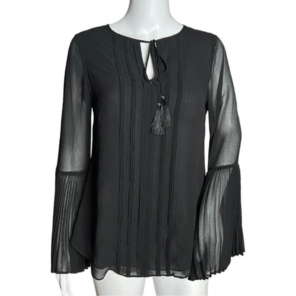 White House Black Market Shirt Womens 2 Black Pleated Sleeve Blouse Bell Sleeves